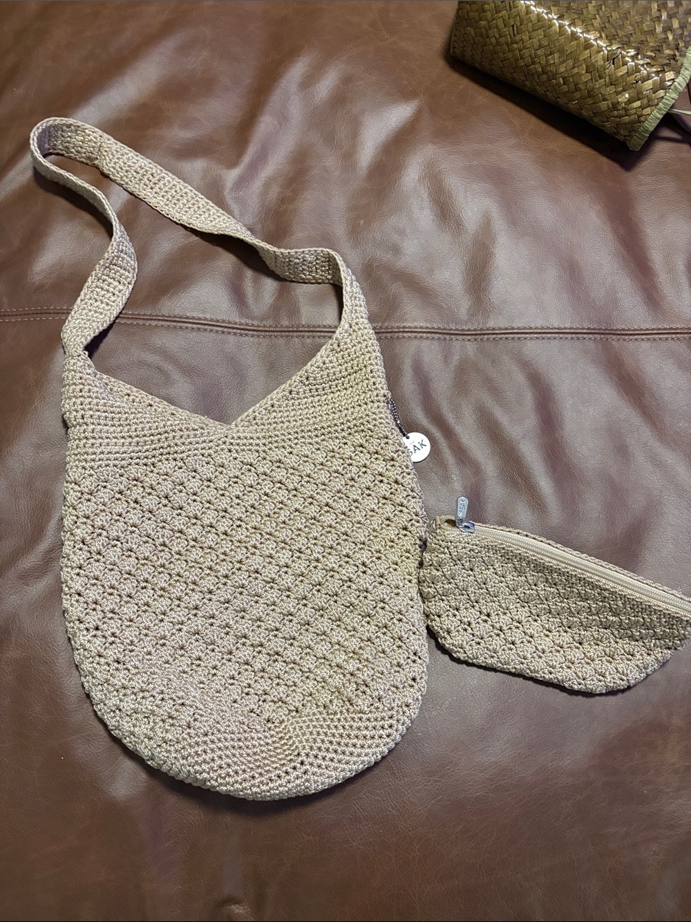 The Sak Beige Crochet Shoulder Bag with Matching Pouch
